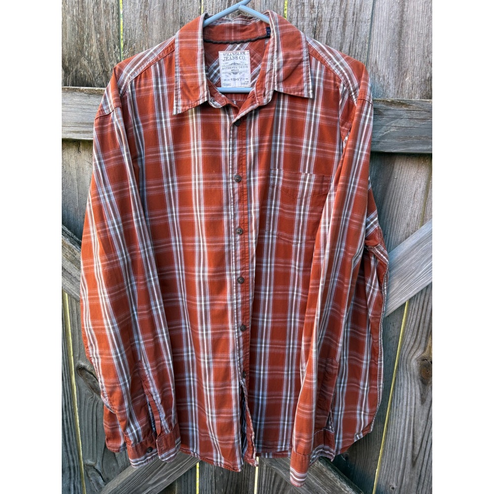 Wrangler Jeans Co Mens 2XL Burnt Orange Plaid Long Sleeve Cotton Button Up Shirt